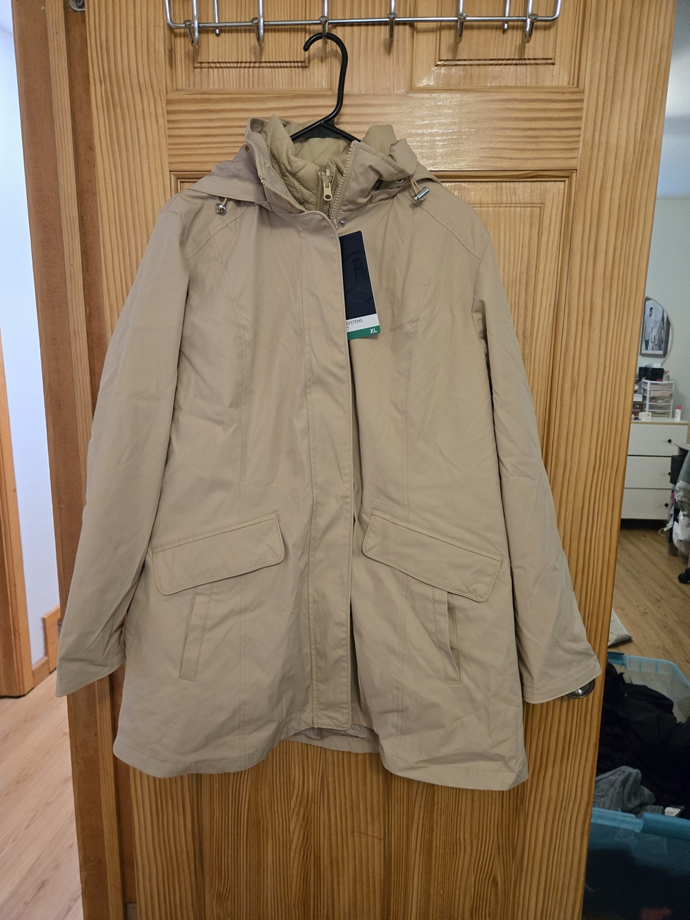 Womens Beige Hooded Winter Coat - Lightweight Water-Resistant Jacket